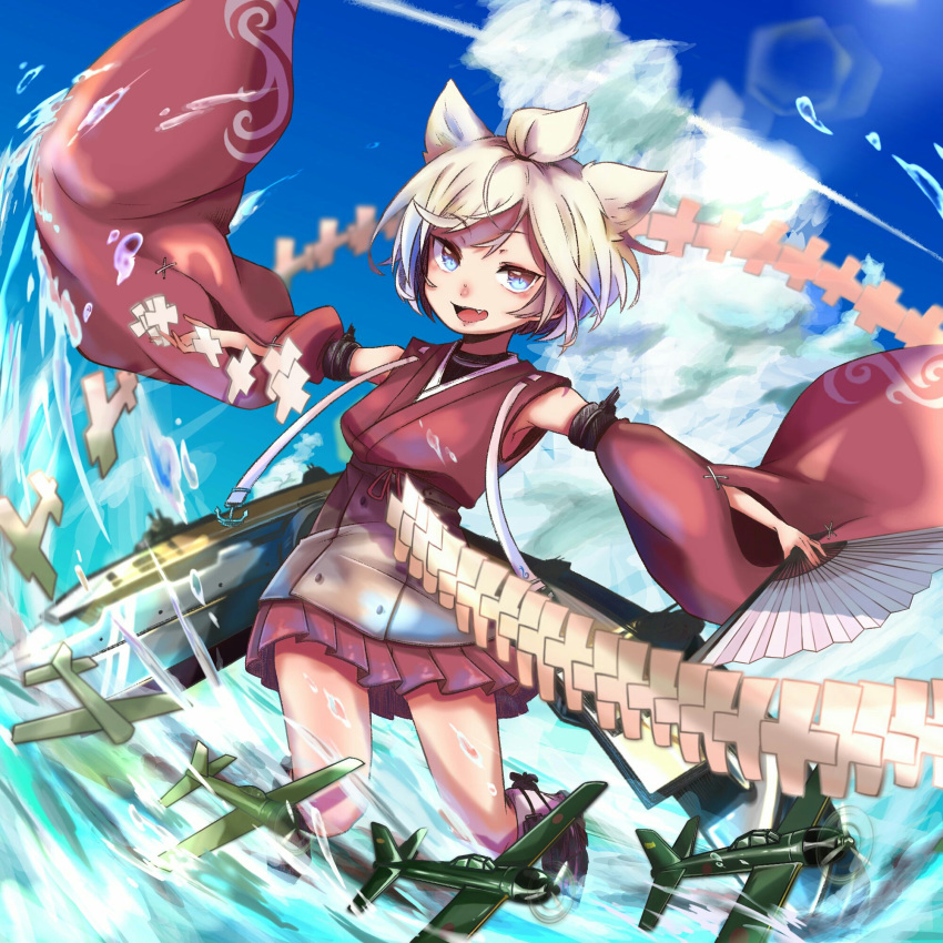 1girl aircraft airplane arms_up artist_request azur_lane bare_shoulders blue_eyes cloud day detached_sleeves fan folding_fan half-closed_eyes highres japanese_clothes jumping ki-chi kimono legs_up lens_flare looking_at_viewer miniskirt open_mouth outstretched_arms raised_eyebrow red_kimono ribbon shikigami shouhou_(azur_lane) shoulders skirt sleeveless sleeveless_kimono smile smirk smug solo sunlight topknot vehicle_request water white_hair white_ribbon wide_sleeves