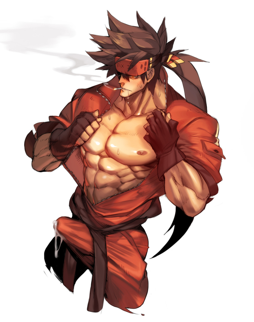 1boy abs alternate_costume bara bare_chest brown_hair chest cigarette cropped_legs cum cum_in_clothes cum_through_clothes erection erection_under_clothes fingerless_gloves gloves guilty_gear headgear highres long_hair male_focus muscle na_insoo navel nipples open_clothes ponytail shiny shiny_skin simple_background smoking sol_badguy solo spiked_hair undressing white_background yellow_eyes