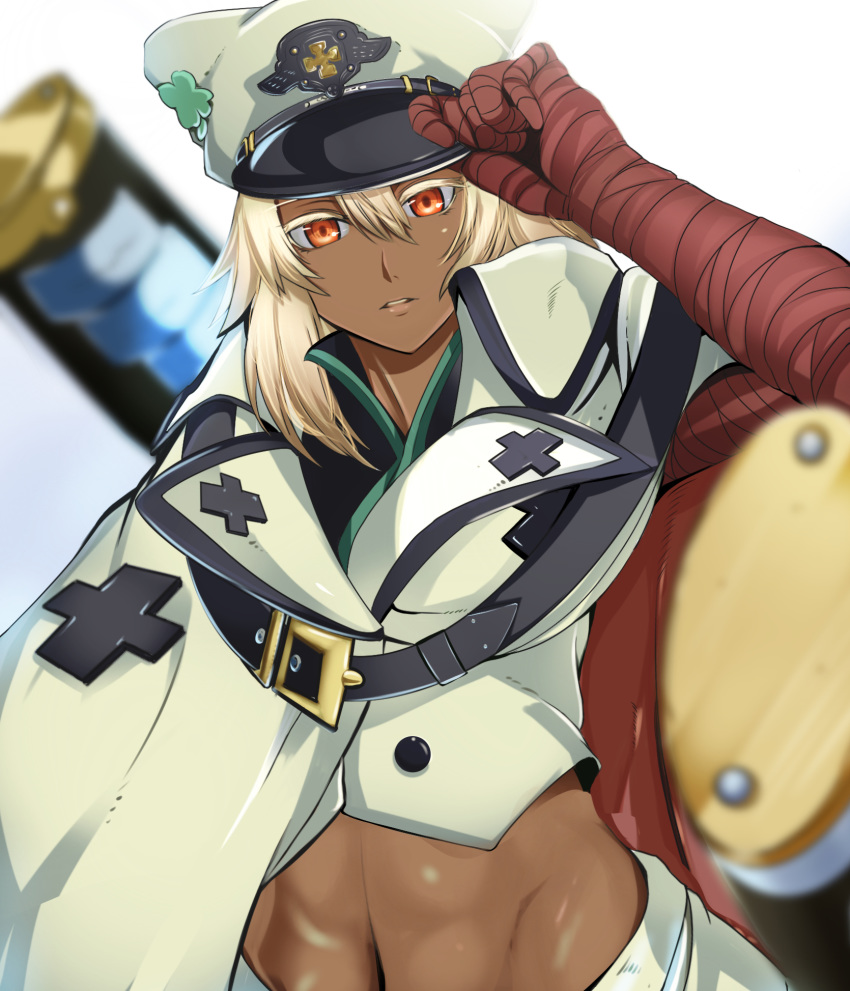 1girl abs adjusting_clothes adjusting_headwear bandaged_arm bandages cloak clover dark_skin floating_swords four-leaf_clover gaien_(jin_morisono) guilty_gear guilty_gear_strive hat high_collar highres huge_weapon lips looking_at_viewer medium_hair midriff navel orange_eyes parted_lips platinum_blonde_hair ramlethal_valentine soft_focus solo sword sword_behind_back upper_teeth weapon white_background