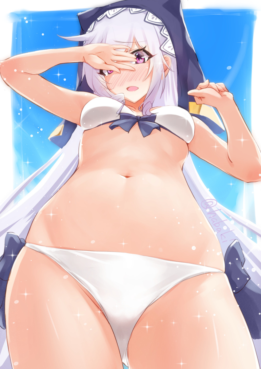 1girl bangs blush breasts eris_(konosuba) from_below hair_between_eyes hand_on_own_face highres kono_subarashii_sekai_ni_shukufuku_wo! long_hair looking_at_viewer open_mouth purple_eyes saezu_habaki sparkle swimsuit white_hair