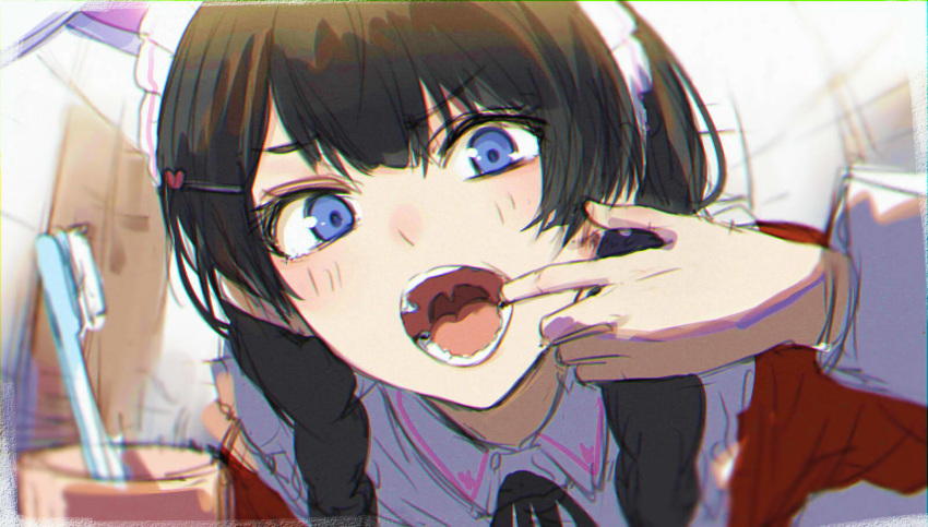 1girl bathroom black_hair black_neckwear blue_eyes braid cheek_pull commentary cup eyebrows_visible_through_hair hair_ornament hairclip heart heart_hair_ornament highres isshiki_(ffmania7) long_hair looking_at_viewer maid_headdress mirror neck_ribbon nijisanji open_mouth portrait reflection ribbon sketch solo teeth toothbrush tsukino_mito twin_braids twintails uvula virtual_youtuber wing_collar