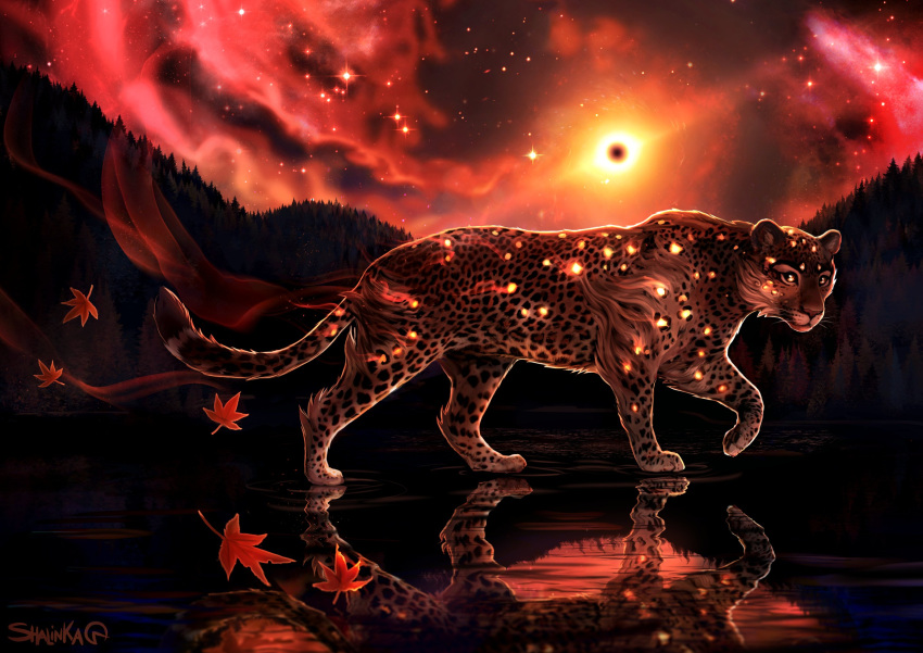 2020 ambiguous_gender cheetah day detailed_background digital_media_(artwork) eclipse eyebrows eyelashes felid feline feral fur hi_res mammal outside paws reflection shalinka sky solo spots spotted_body spotted_fur standing water whiskers