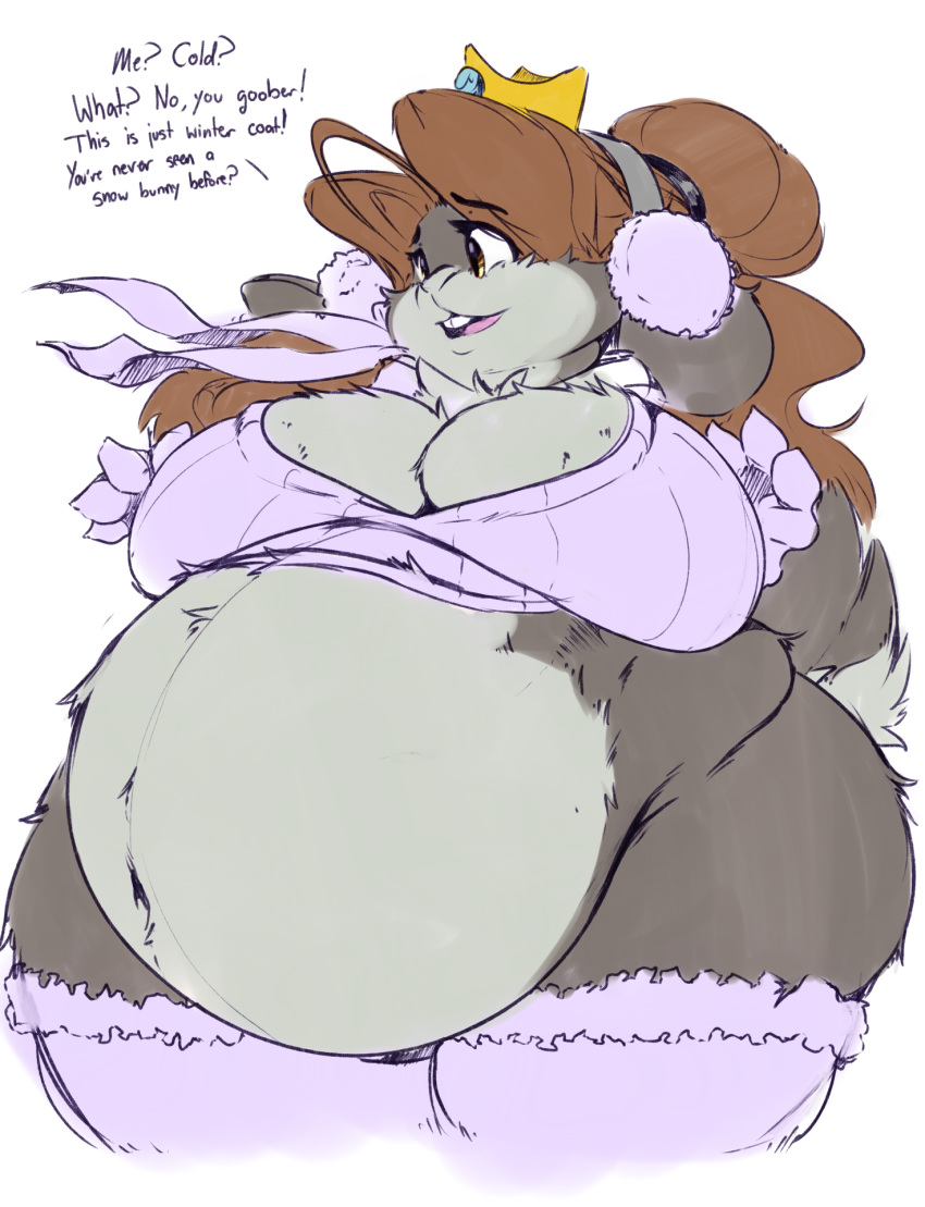 anthro belly big_belly big_breasts breasts brown_hair crown dialogue earmuffs english_text female garuda_six hair hi_res huge_breasts lagomorph leporid mammal may_(garuda_six) obese obese_anthro obese_female overweight overweight_anthro overweight_female rabbit solo text thick_thighs