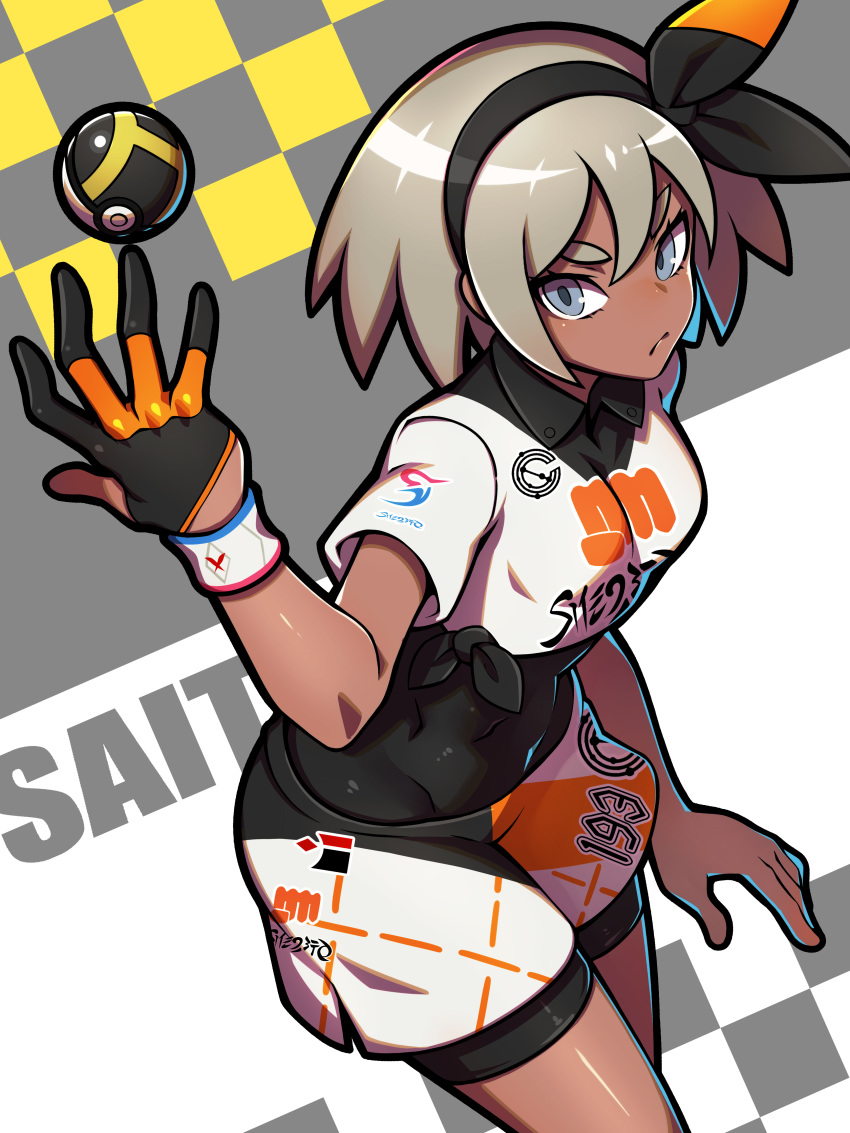 1girl absurdres bea_(pokemon) black_bodysuit black_hairband blue_eyes bodysuit bodysuit_under_clothes breasts character_name closed_mouth dark_skin gloves grey_hair gym_leader hairband highres medium_breasts partly_fingerless_gloves poke_ball pokemon pokemon_(game) pokemon_swsh shirt short_sleeves shorts simple_background single_glove solo tied_shirt two-tone_gloves ultra_ball yuuten