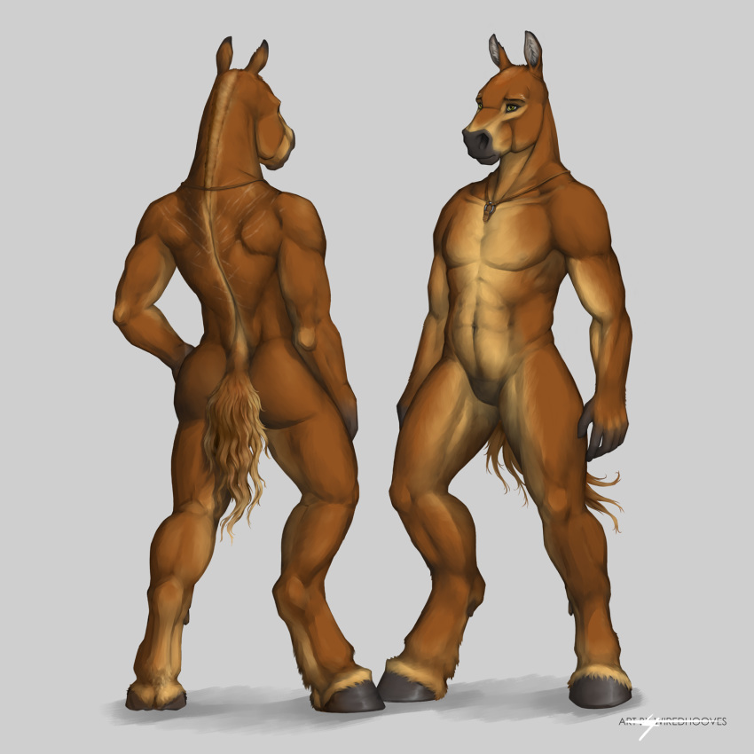 1:1 2020 5_fingers abs anthro biped brown_body brown_fur butt choker digital_media_(artwork) draft_horse equid equine feathering featureless_crotch fingers fur green_eyes heavy_draft hi_res hooves horse jewelry looking_at_viewer male mammal model_sheet multicolored_body multicolored_fur multiple_poses muscular muscular_anthro muscular_male navel necklace nude pecs pose scar signature simple_background solo standing tan_body tan_fur two_tone_body two_tone_fur wiredhooves