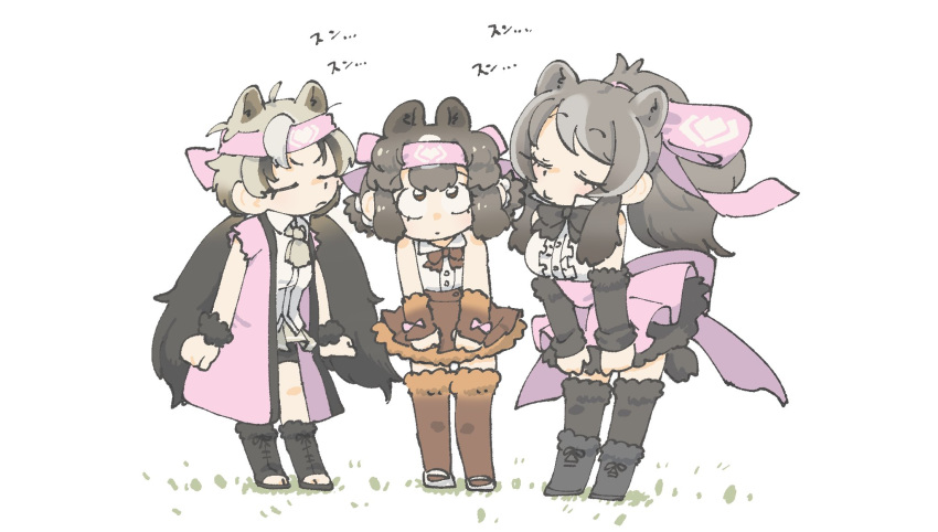 3girls ahoge animal_ears arms_at_sides back_bow bangs bare_arms bare_shoulders bear_ears bear_girl bear_tail bergman's_bear_(kemono_friends) bike_shorts black_hair boots bow bowtie bracelet brown_bear_(kemono_friends) center_frills chibi closed_eyes coat collared_shirt commentary_request cosplay detached_sleeves eyebrows_visible_through_hair ezo_brown_bear_(kemono_friends) facing_another frills full_body fur_bracelet fur_trim grey_hair hair_bow headband height_difference high-waist_skirt high_ponytail highres jewelry kemono_friends kodiak_bear_(kemono_friends) kodiak_bear_(kemono_friends)_(cosplay) leaning_forward long_hair looking_down medium_hair multicolored_hair multiple_girls open_clothes open_coat shirt skirt sleeveless sleeveless_shirt smelling sound_effects standing swept_bangs tail thighhighs toeless_boots torento torn_clothes torn_sleeves twintails two-tone_hair v-shaped_eyebrows very_long_hair wing_collar zettai_ryouiki