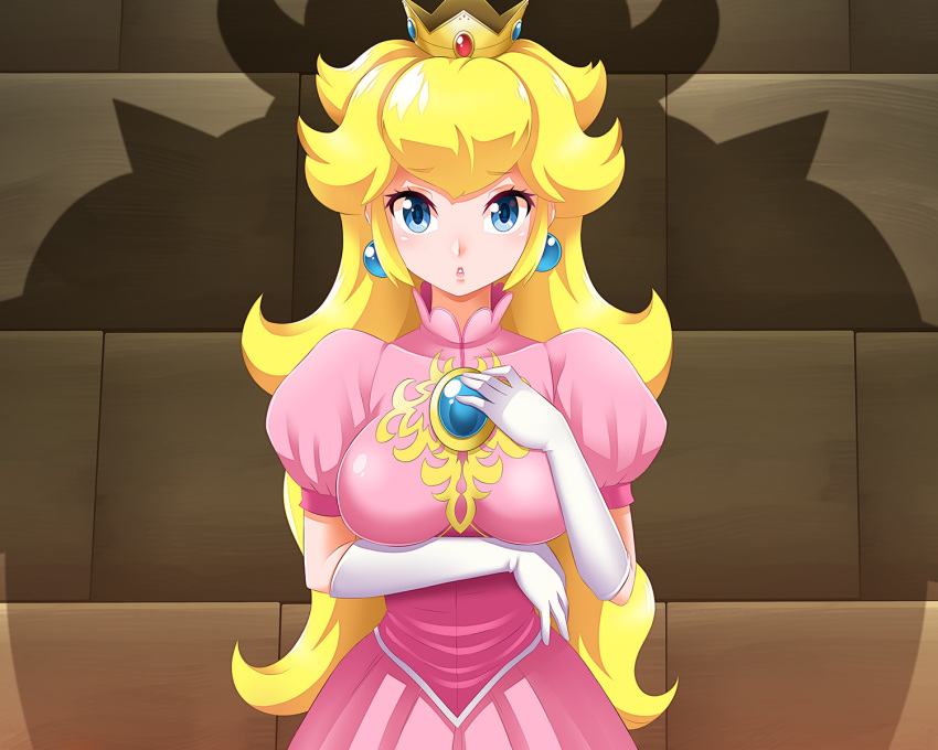 biodragon blonde_hair blue_eyes cropped crown elbow_gloves gloves long_hair princess_peach super_mario_bros