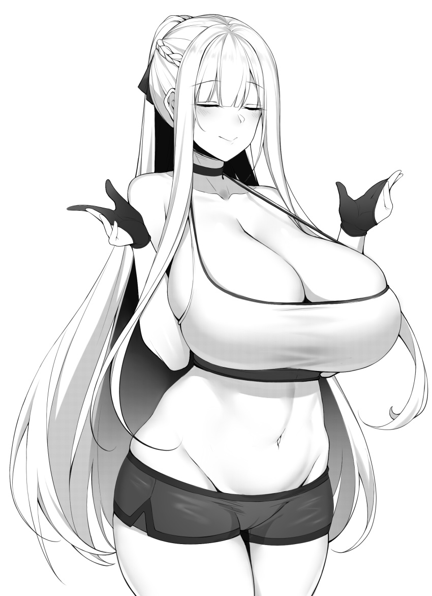 1girl absurdres ak-12_(girls_frontline) bangs black_choker blunt_bangs blush braid breasts chixiao choker cleavage closed_eyes closed_mouth crop_top eyebrows_visible_through_hair french_braid girls_frontline gloves greyscale high_ponytail highres huge_breasts long_hair monochrome navel partly_fingerless_gloves short_shorts shorts smile sports_bra stomach thighs very_long_hair white_background