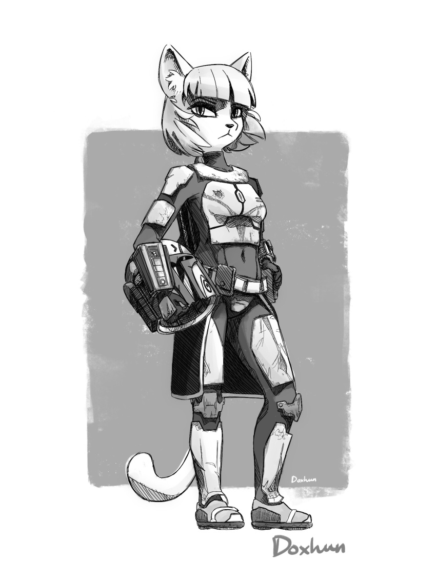 anthro armor bangs bottomwear breastplate clothing domestic_cat doxhun fan_character felid feline felis female gatinha_(doxhun) greyscale hair headgear helmet hi_res holding_object looking_at_viewer mammal mandalorian mandalorian_armor medium_hair monochrome skirt solo star_wars straight_hair tight_clothing