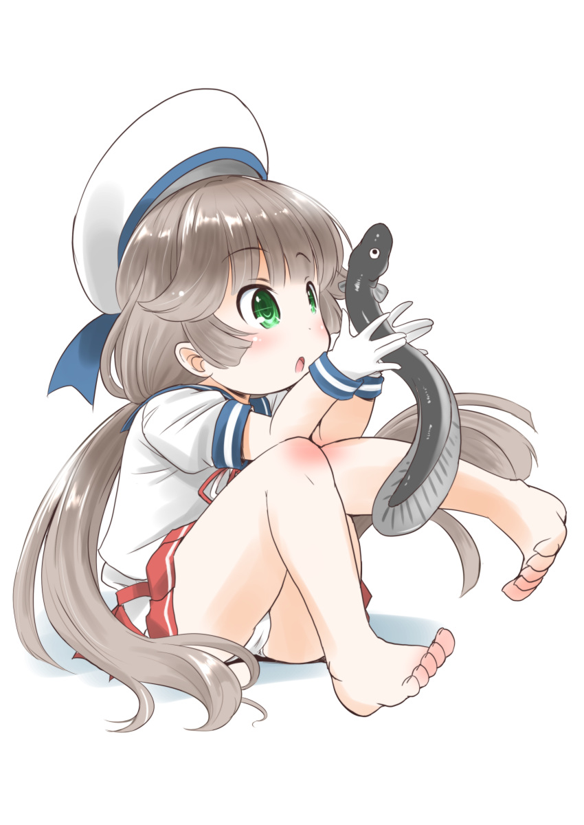 1girl absurdres barefoot blue_sailor_collar commentary_request eel full_body gloves green_eyes grey_hair hat highres hip_vent kantai_collection long_hair low_twintails mikura_(kantai_collection) panties pantyshot pleated_skirt puffy_short_sleeves puffy_sleeves red_skirt sailor_collar sailor_hat sailor_shirt shirt short_sleeves simple_background sitting skirt solo taisinkoku twintails underwear white_background white_gloves white_headwear white_panties white_shirt