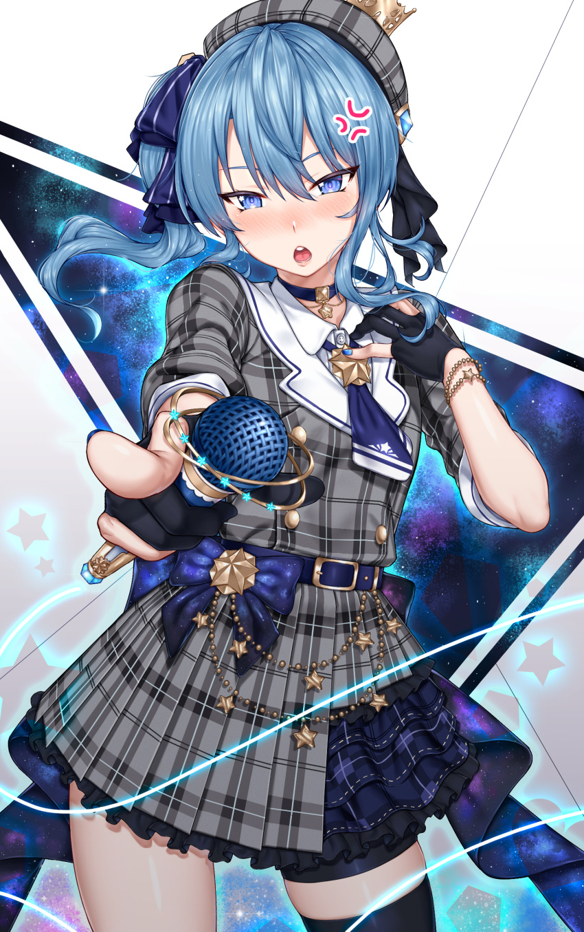 1girl absurdres anger_vein bangs belt beret black_gloves blue_eyes blue_hair blush bow bracelet breasts buckle buttons choker crown dress eyebrows_visible_through_hair gloves hair_between_eyes hair_ornament hat highres holding holding_microphone hololive hoshimachi_suisei jewelry kerchief looking_at_viewer medium_hair microphone mini_crown open_mouth partly_fingerless_gloves plaid plaid_dress plaid_headwear pointing pointing_at_viewer ribbon shirt side_ponytail sleeve_cuffs small_breasts solo star_(symbol) star_choker virtual_youtuber yakimi_27