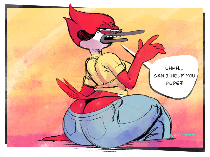 4:3 annoyed anthro avian big_butt bird bottomwear breasts butt cardinal_(bird) cartoon_network clothed clothing denim denim_clothing dialogue english_text feathers female fully_clothed hi_res jeans looking_at_viewer looking_back margaret_smith_(regular_show) non-mammal_breasts oscine pants passerine red_body red_feathers regular_show shirt sitting solo text thong topwear underwear wolftang yellow_clothing yellow_shirt yellow_topwear