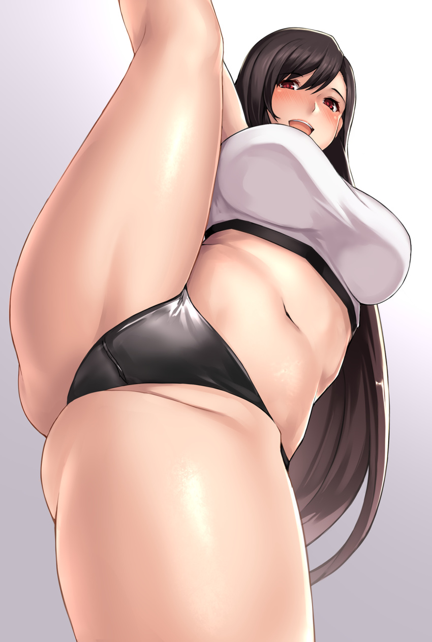 1girl bangs black_hair black_panties blush breasts crop_top final_fantasy final_fantasy_vii final_fantasy_vii_remake highres leg_lift leg_up long_hair looking_at_viewer navel open_mouth panties red_eyes shirt smile split standing standing_on_one_leg standing_split tank_top taut_clothes taut_shirt thighs tifa_lockhart underwear white_tank_top yashichii