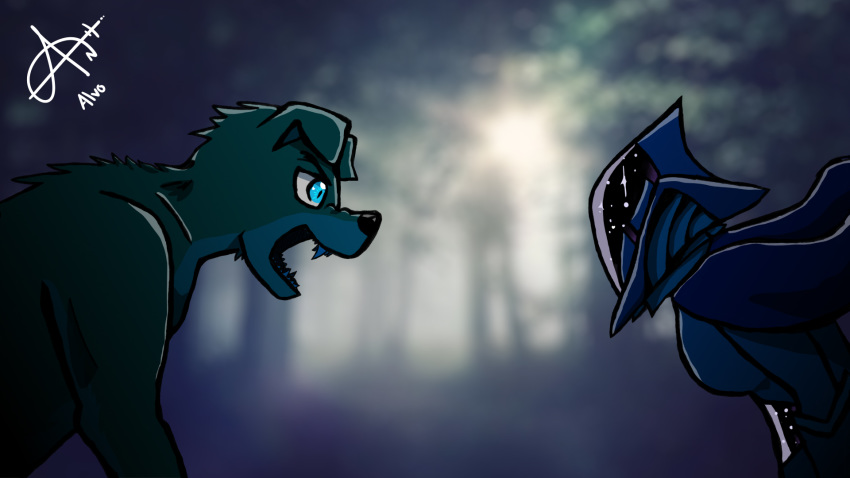 16:9 alvo_feral angry anthro armor artemis_(brawlhalla) canid canine canis domestic_dog duo female headgear helmet hi_res machine male mammal mordex_(brawlhalla) octavius_mordex open_mouth protogen teeth were werecanid werecanine weredog werewolf widescreen