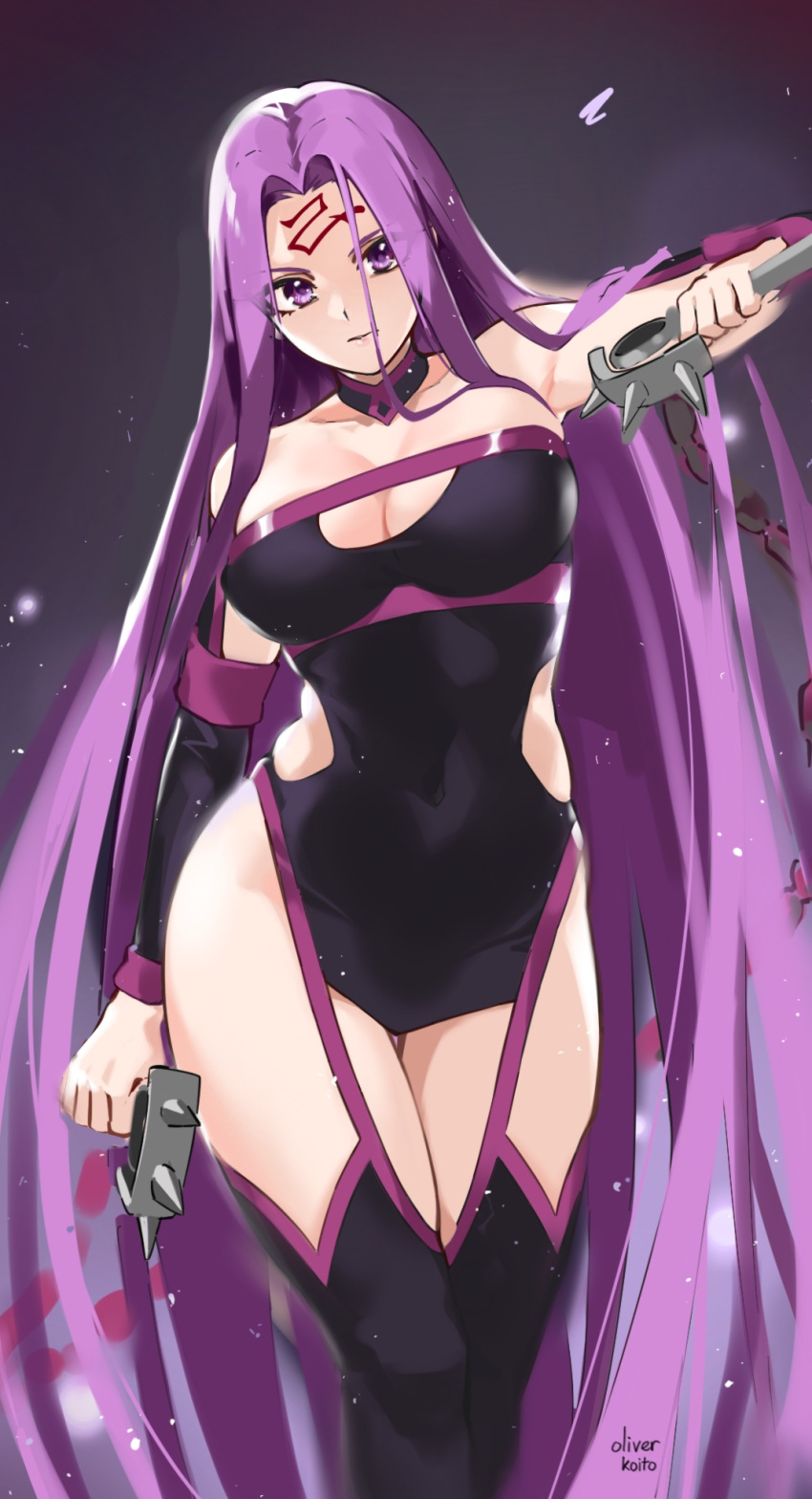 1girl absurdly_long_hair bangs bare_shoulders black_dress black_legwear black_sleeves breasts clavage cleavage_cutout clothing_cutout collarbone detached_sleeves dress facial_mark fate/grand_order fate_(series) forehead_mark highres large_breasts long_hair looking_at_viewer nameless_dagger oliver_koito parted_bangs purple_eyes purple_hair revealing_clothes rider short_dress solo strapless strapless_dress thighhighs very_long_hair