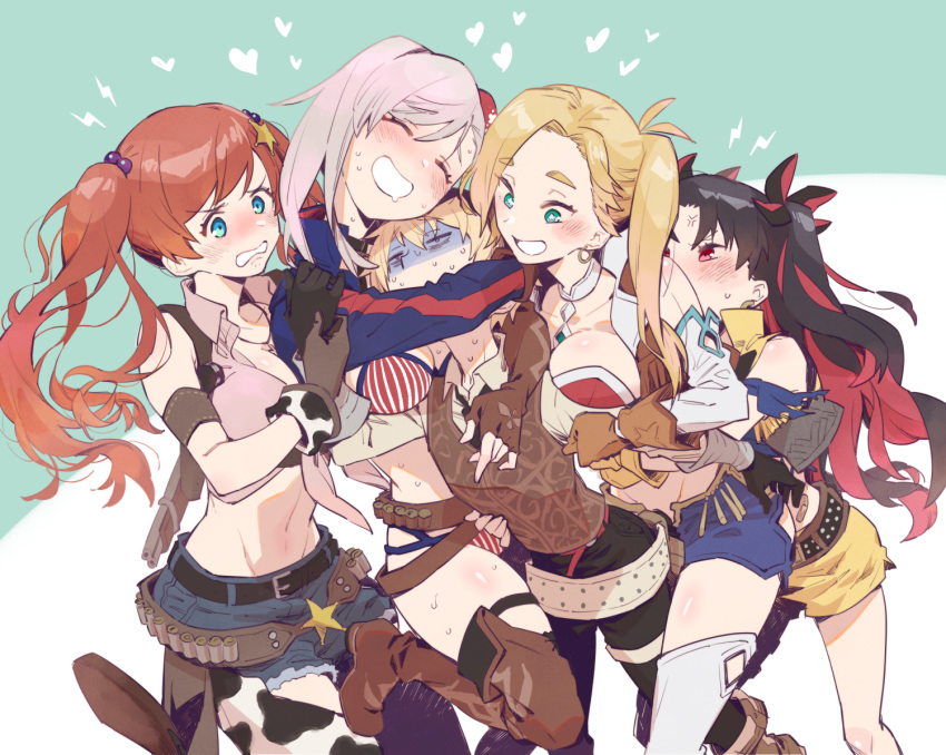 american_flag_bikini asymmetrical_hair bangs bikini billy_the_kid_(fate/grand_order) black_hair blonde_hair breasts brown_gloves brown_vest bun_cover calamity_jane_(fate/grand_order) cleavage constricted_pupils cropped_vest earrings fate/grand_order fate_(series) flag_print futaba_(futaba_uc) gloom_(expression) gloves green_eyes hair_bun hide_hunter hoop_earrings ishtar_(fate)_(all) ishtar_(fate/grand_order) jewelry large_breasts long_hair medium_breasts miyamoto_musashi_(fate/grand_order) miyamoto_musashi_(swimsuit_berserker)_(fate) multicolored multicolored_clothes multicolored_hair multicolored_swimsuit multiple_girls navel o_o open_clothes open_vest pink_hair red_hair shaded_face shorts side_ponytail sideboob single_hair_intake space_ishtar_(fate) star-shaped_pupils star_(symbol) star_tattoo sweat sweating_profusely swept_bangs swimsuit symbol-shaped_pupils tattoo trembling turn_pale two-tone_hair two_side_up underboob very_long_hair vest yellow_gloves yellow_shorts yellow_vest