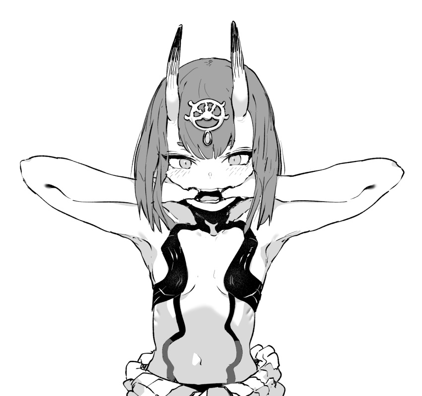 1girl bare_arms bare_shoulders blush breasts ddari fate/grand_order fate_(series) finger_in_mouth hands_up headpiece highres horns looking_at_viewer navel oni_horns open_mouth short_hair shuten_douji_(fate/grand_order) simple_background skin-covered_horns small_breasts solo upper_body white_background