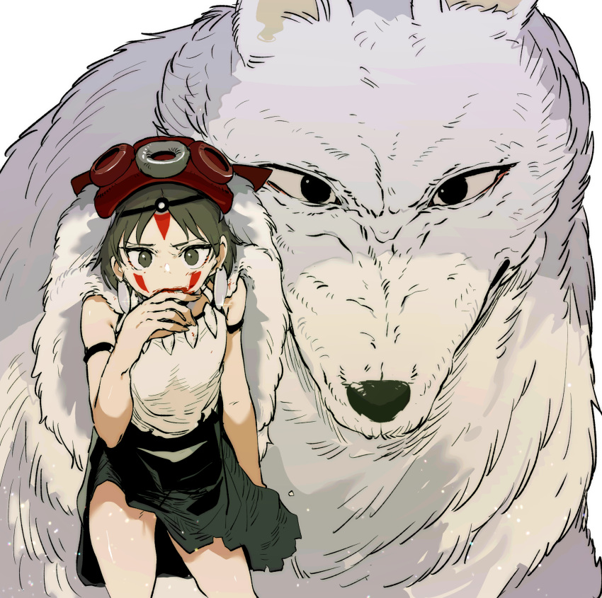 1girl animal arm_strap black_skirt blood blood_on_face circlet commentary ddari earrings english_commentary green_eyes green_hair hand_up highres jewelry looking_at_viewer mononoke_hime moro_(mononoke_hime) oversized_animal pelt san short_hair simple_background skirt solo standing white_background wolf