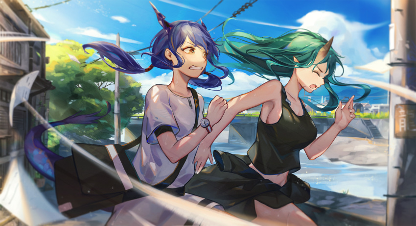 2girls alternate_costume alternate_eye_color arknights bag bangs bare_arms bare_shoulders black_tank_top blue_hair blue_sky brown_eyes ch'en_(arknights) clenched_teeth closed_eyes cloud day dragon_horns dragon_tail floating_hair green_hair highres horns hoshiguma_(arknights) kuto_(kuroto) long_hair low_twintails multiple_girls outdoors pointy_ears shirt short_sleeves single_horn sky tail tank_top teeth tree twintails watch white_shirt wristwatch