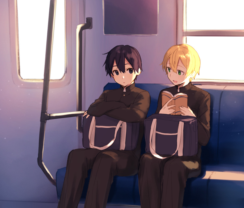 2boys bag bangs black_hair black_jacket blonde_hair book closed_mouth commentary_request crossed_arms day eugeo feet_out_of_frame green_eyes hair_between_eyes highres holding holding_book indoors jacket kirito long_sleeves looking_at_another male_focus multiple_boys noro_(ro_no) open_book open_mouth pants short_hair sitting smile sword_art_online train_interior window