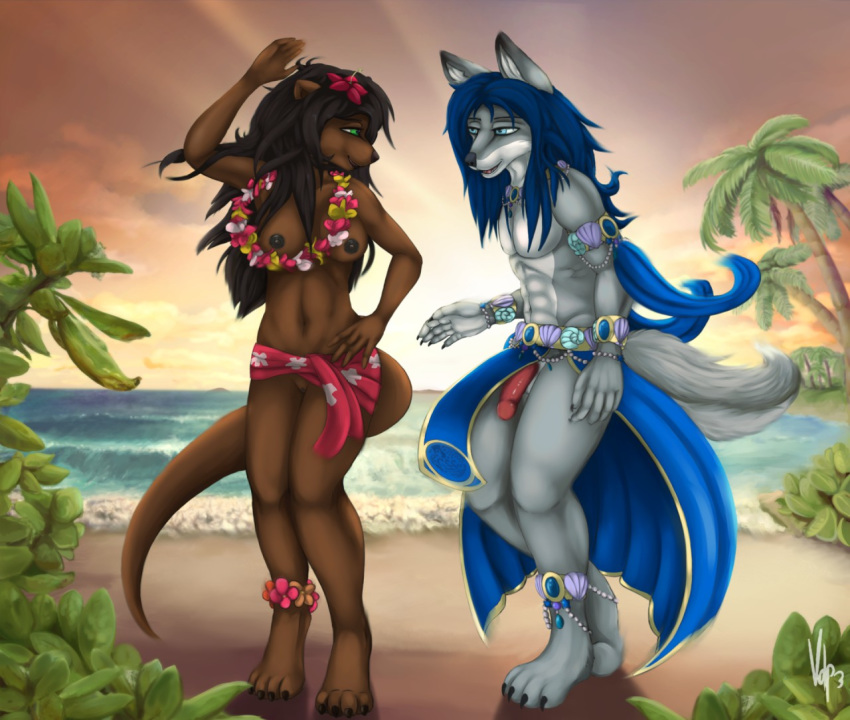 2018 abs accessory anklet anthro armband athletic athletic_anthro athletic_female athletic_male barefoot beach blue_hair breasts brown_body brown_fur brown_hair canid canine canis casual_exposure clothed clothing countershade_face countershade_torso countershading dancing digital_media_(artwork) duo evening evergreen_tree eye_contact female flower flower_anklet flower_in_hair flower_necklace fur genitals grey_body grey_fur hair hair_accessory half-erect jewelry lei-lani loincloth long_hair looking_at_another looking_at_partner lutrine maku_(masterofwolves99) male male/female mammal multicolored_body multicolored_fur mustelid navel nipples palm_tree penis plant pussy sarong seaside sunset teasing topless topless_female topless_male tree tropical two_tone_body two_tone_fur volp3 water white_body white_fur wolf wristband