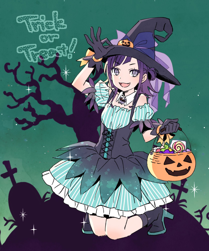 1girl candy english_text fang food full_body halloween_basket halloween_costume hanayori_jyoshiryou hat highres issindotai kohigashi_hitona looking_at_viewer medium_hair night open_mouth purple_hair shoes solo tree virtual_youtuber witch_hat