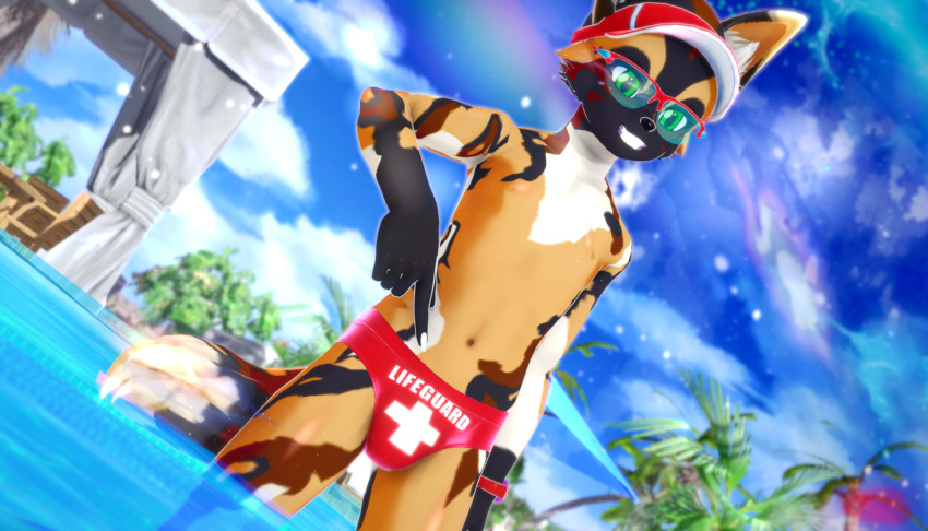 3d_(artwork) african_wild_dog anthro bulge canid canine clothed clothing digital_media_(artwork) flamboyant fur fusionxglave gesture hat headgear headwear hi_res lifeguard male mammal nora pointing pose shirt smile solo speedo swimming_pool swimwear topwear visor visor_cap water