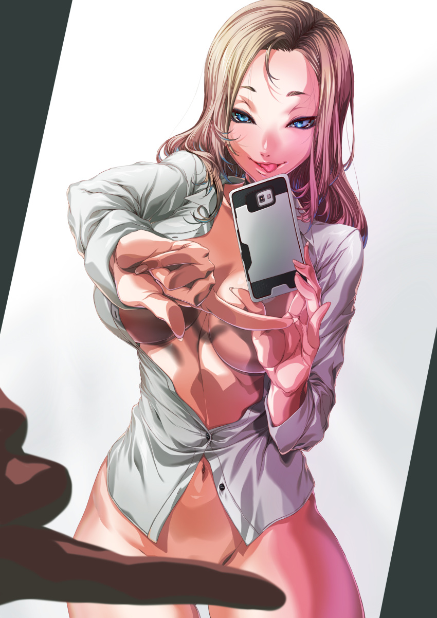 1girl :p absurdres blade_&amp;_soul blonde_hair blue_eyes breasts cellphone commentary_request fingers forest hands highres long_hair looking_at_viewer medium_breasts naked_shirt nature navel phone rantia self_shot shirt smartphone tongue tongue_out