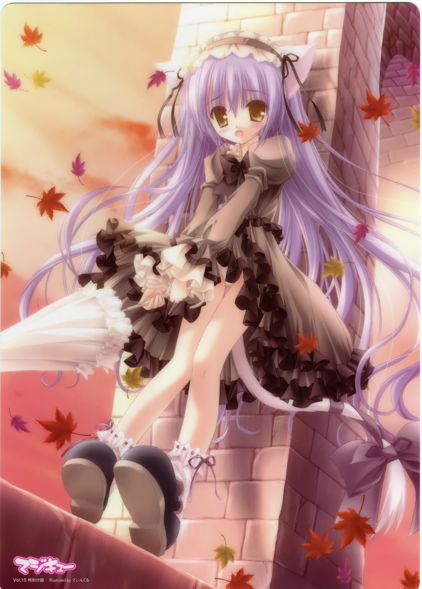 :o absurdres angel_ring_(artbook) animal_ears blush cafe_little_wish cat_ears curly_hair dress flat_chest gothic_lolita hairband highres leaf leaning lolita_fashion long_hair mina_(cafe_little_wish) purple_hair solo standing tail tears tinker_bell umbrella wind yellow_eyes