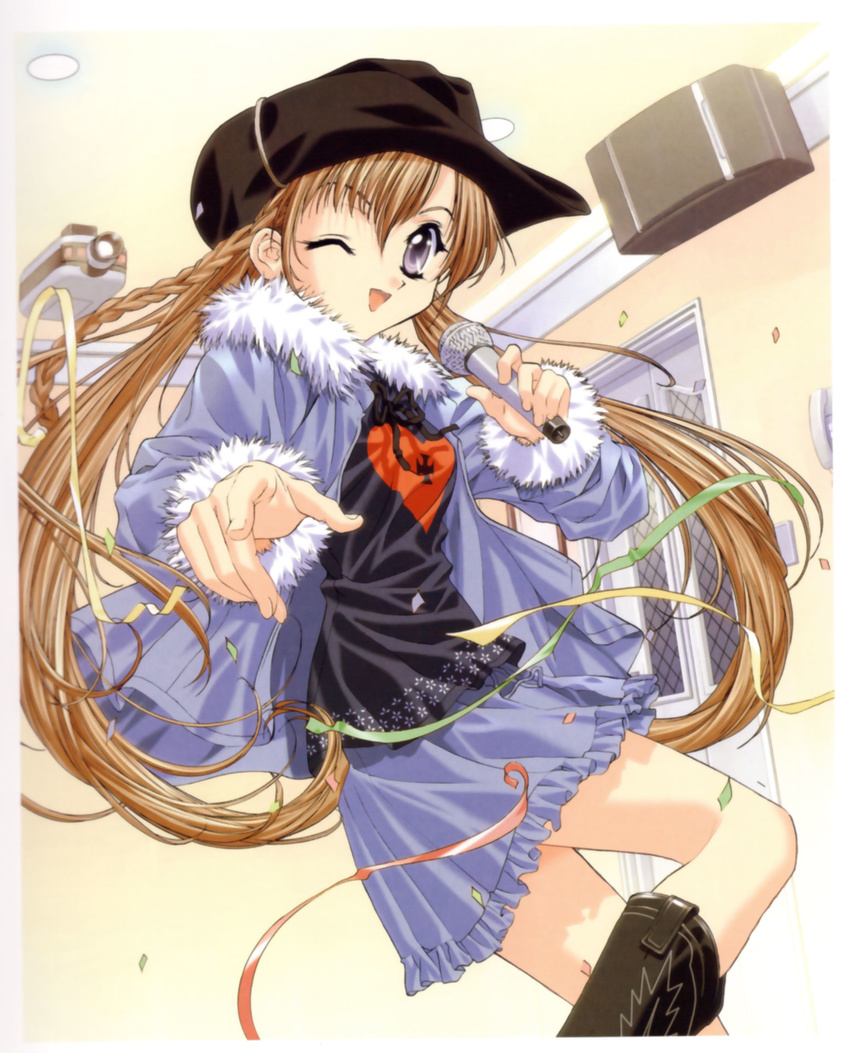 ;d boots braid brown_hair confetti frilled_skirt frills fur_trim hat heart heart_print highres holding holding_microphone indoors jacket long_hair long_sleeves looking_at_viewer microphone one_eye_closed open_mouth pointing pointing_at_viewer purple_eyes sakuya_(sister_princess) scan sister_princess skirt smile solo tenhiro_naoto twintails