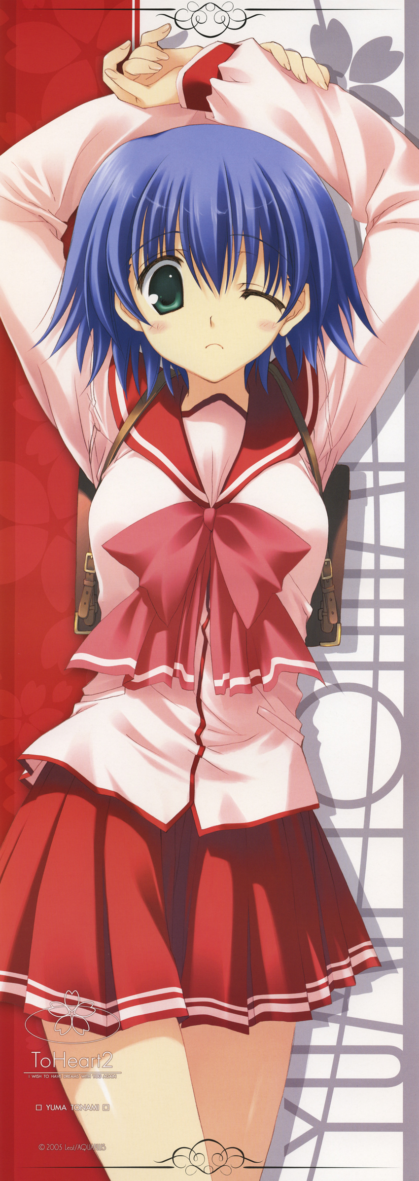 2005 absurdres aqua_eyes arm_grab arms_up bag blue_hair blush character_name company_name copyright copyright_name cowboy_shot dated drop_shadow green_eyes highres long_image long_sleeves looking_at_viewer mitsumi_misato official_art one_eye_closed pleated_skirt red_hair red_skirt school_bag school_uniform serafuku short_hair skirt solo stick_poster tall_image to_heart_2 to_heart_2_xrated tonami_yuma