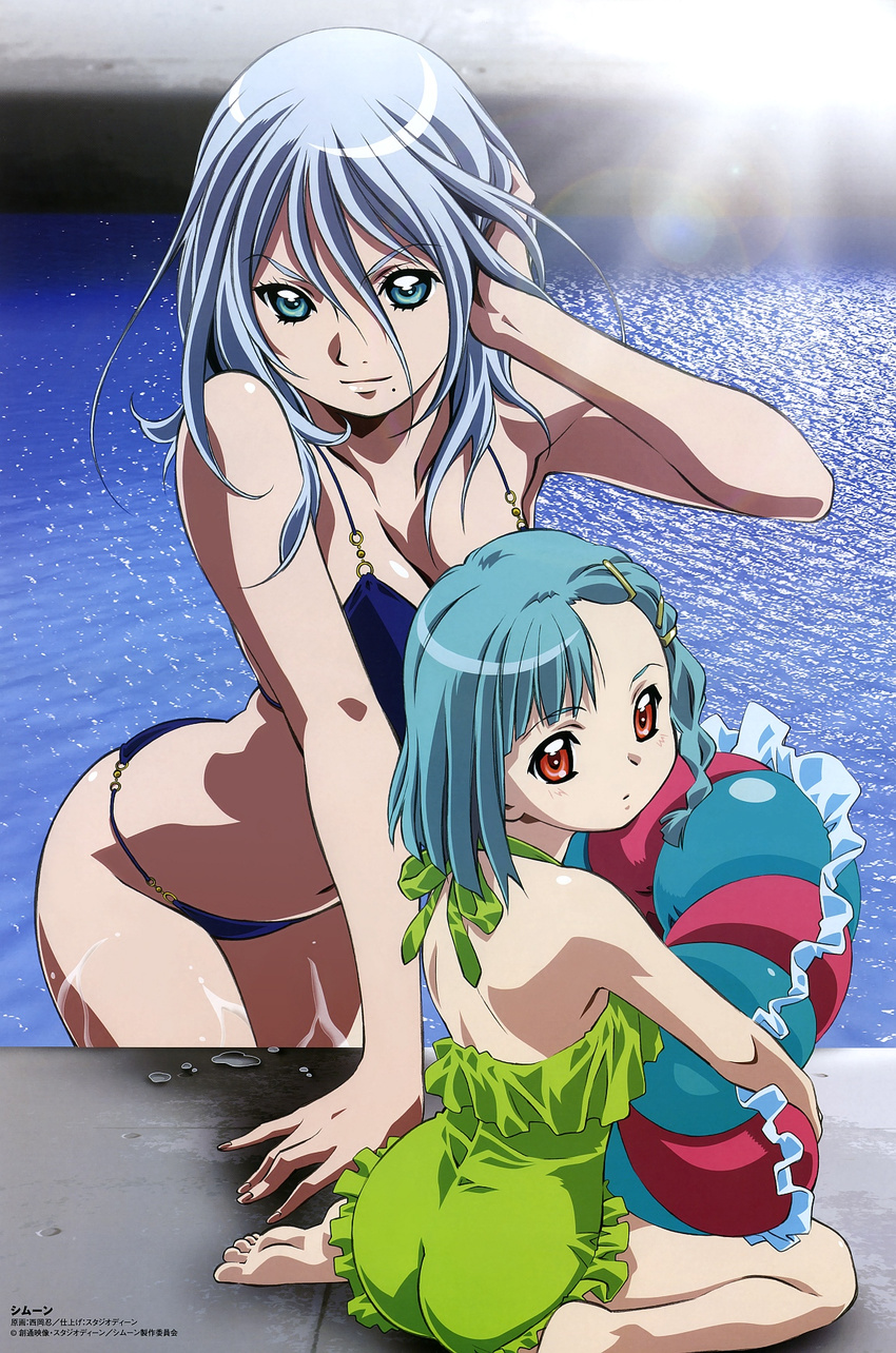 adjusting_hair age_difference aqua_eyes aqua_hair arm_support armpits ass back bangs barefoot bikini blue_bikini blush breasts casual_one-piece_swimsuit child cleavage closed_mouth comp_h's expressionless frilled_swimsuit frills from_side green_swimsuit hair_between_eyes hair_ornament hairclip halterneck hand_on_own_head highres large_breasts leaning leaning_forward lens_flare light_smile looking_back mole mole_under_mouth morinas multiple_girls navel nishioka_shinobu o-ring o-ring_bikini o-ring_bottom o-ring_top official_art one-piece_swimsuit photo_background pillow pillow_hug red_eyes rimone scan silver_hair simoun sitting smile soles standing string_bikini swimsuit wading wariza water wet