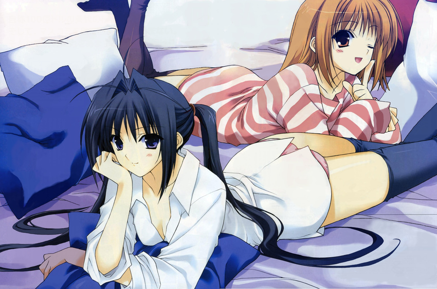 absurdres ass bed black_eyes black_hair black_legwear brown_eyes brown_hair dress_shirt ginban_kaleidoscope highres long_hair long_sleeves lying multiple_girls no_pants official_art on_stomach one_eye_closed panties pink_panties ponytail sakurano_tazusa sakurano_youko scan shirt sleeves_rolled_up striped striped_shirt suzuhira_hiro thighhighs underwear