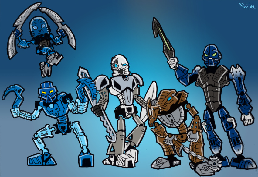 2015 4_fingers 5_fingers absurd_res ambiguous_gender armor bionicle blue_background blue_body blue_eyes brown_body crouching dalu_(bionicle) digital_drawing_(artwork) digital_media_(artwork) fingers fist gali green_eyes group gun hahli hi_res holding_object holding_weapon hordika humanoid kopaka lego looking_at_viewer machine mask matoran melee_weapon mouthless multicolored_body not_furry onewa range_weapon ranged_weapon robot rubtox shield signature simple_background standing toa two_tone_body weapon white_body yellow_eyes