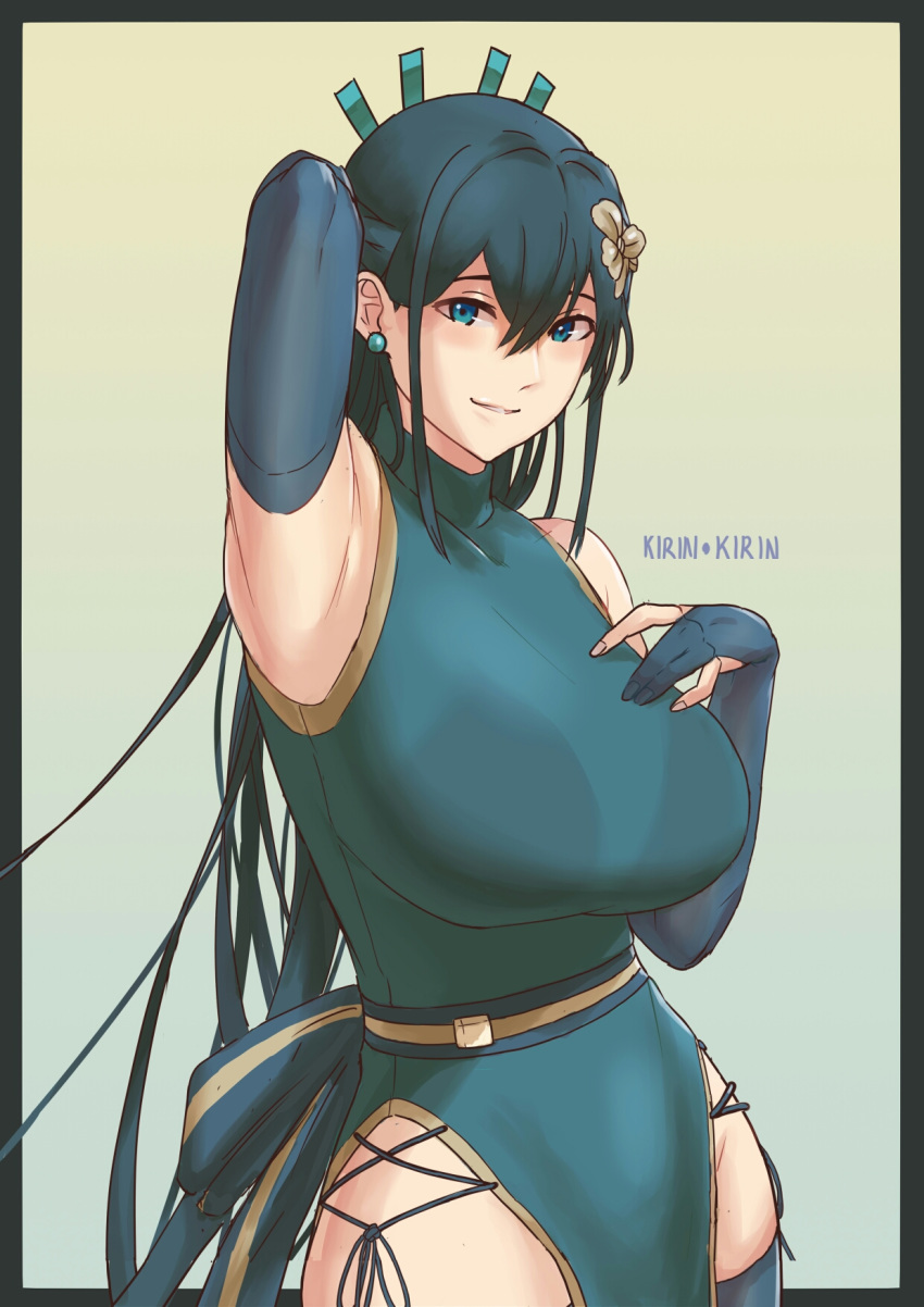 1girl aqua_eyes arm_up armpits bangs bare_shoulders blue_hair bra_through_clothes bralines breasts dress elbow_gloves gloves green_dress green_legwear hair_between_eyes hair_ribbon hand_on_own_chest highres kirinkirin large_breasts long_hair original partly_fingerless_gloves pelvic_curtain ribbon see-through sidelocks smile smirk thighhighs thighs very_long_hair