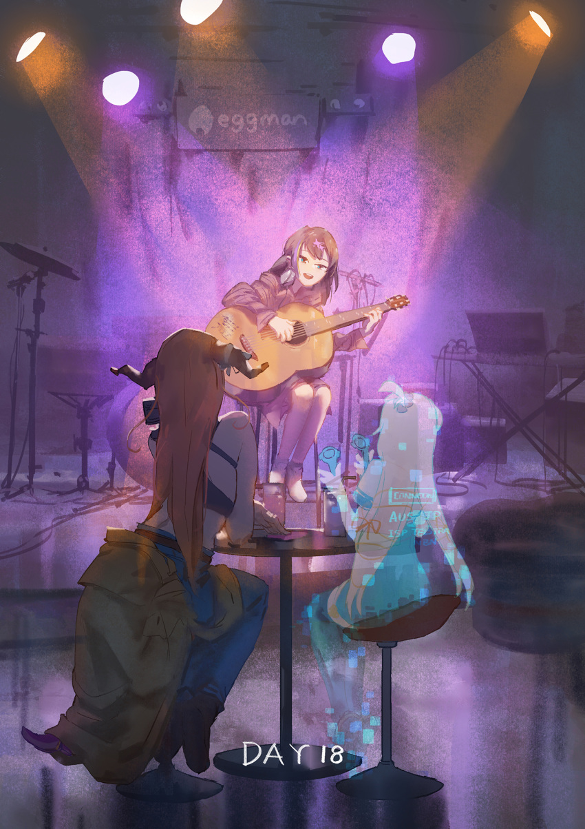 3girls akai_haato bare_shoulders blonde_hair brown_hair clothes_around_waist dragon_horns from_behind green_eyes guitar hair_ornament hairclip highres hologram hololive horns instrument jacket jacket_around_waist kiryuu_coco long_hair mano_aloe multiple_girls open_mouth orange_hair sitting smile stage stage_lights table virtual_youtuber webcam ye_fan
