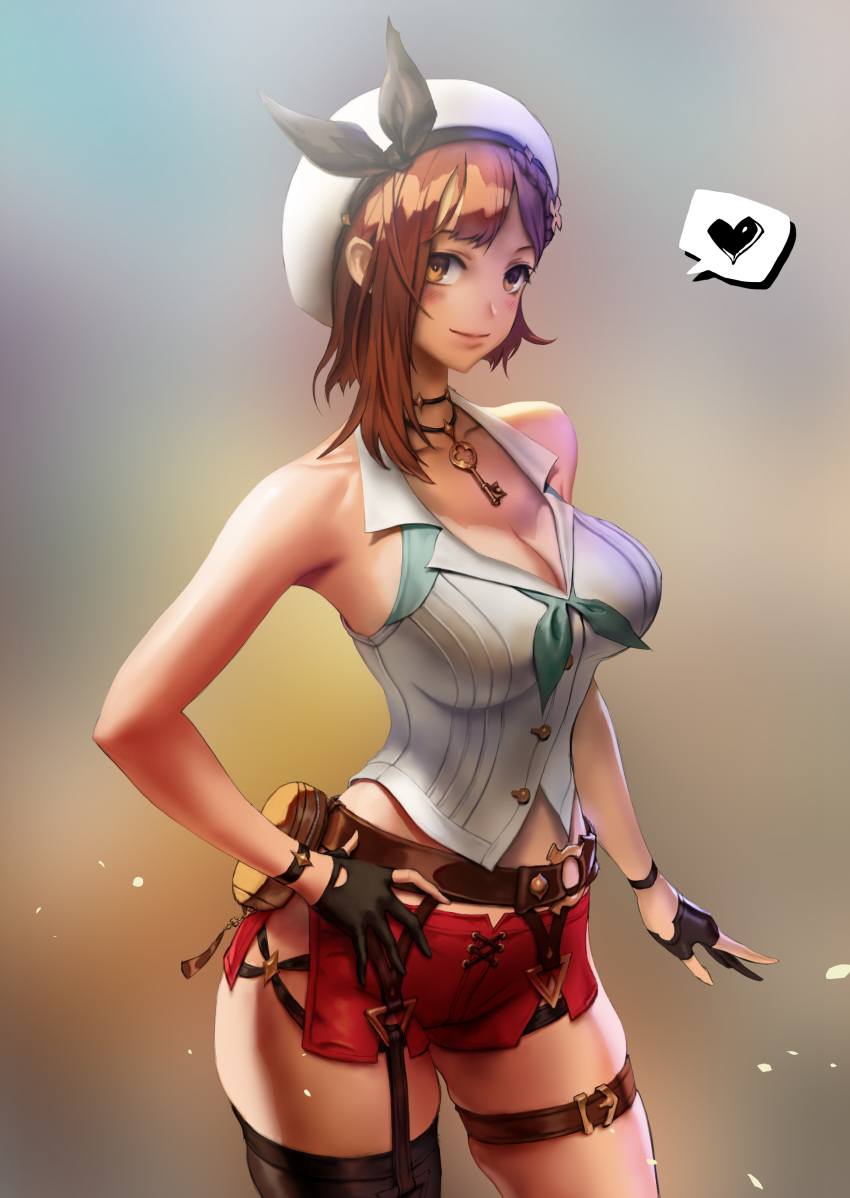 1girl absurdres atelier_(series) atelier_ryza bangs bare_shoulders belt black_legwear bracelet breasts brown_belt brown_eyes brown_hair cleavage closed_mouth collared_shirt gloves hand_on_hip heart highres jewelry key_necklace large_breasts looking_to_the_side lp_rp midriff necklace partly_fingerless_gloves red_shorts reisalin_stout shirt short_hair short_shorts shorts single_thighhigh sleeveless sleeveless_shirt smile standing thigh_strap thighhighs thighs white_headwear white_shirt