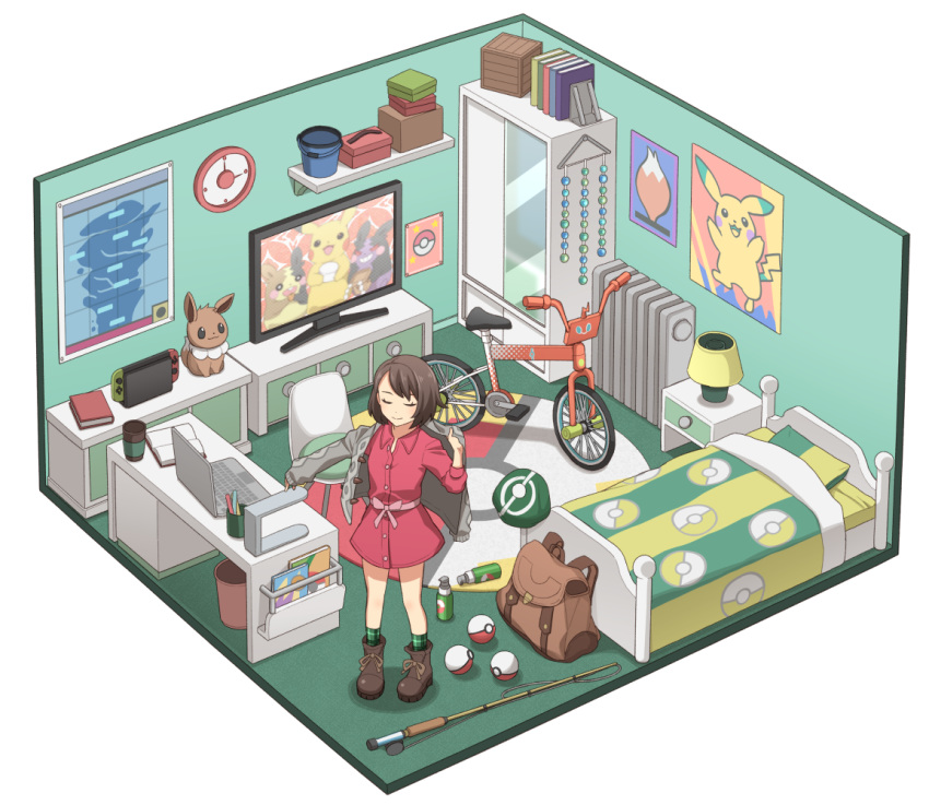 1girl backpack backpack_removed bag bed bob_cut book boots brown_backpack buttons cardigan chair clock closed_eyes closed_mouth clothes_hanger collared_dress commentary_request desk dress dressing eevee fishing_rod gen_1_pokemon gloria_(pokemon) green_headwear grey_cardigan hat headwear_removed itou_(mogura) nintendo_switch pikachu pink_dress poke_ball poke_ball_(basic) pokemon pokemon_(game) pokemon_swsh poster_(object) rotom_bike sash shelf short_hair smile socks standing tam_o'_shanter television trash_can wardrobe