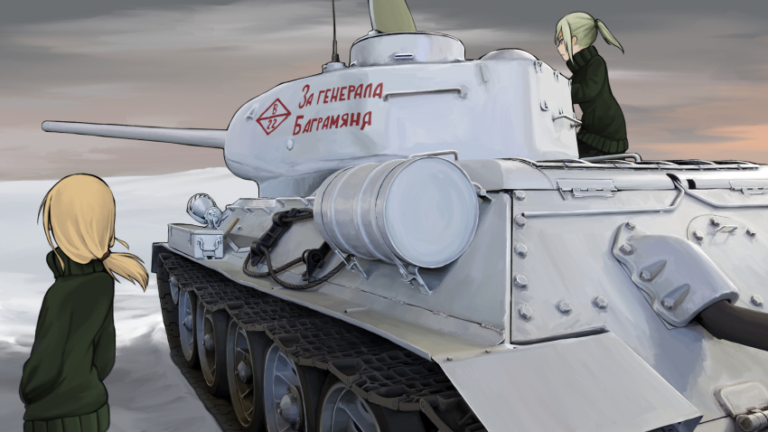 2girls artist_request blonde_hair blue_eyes caterpillar_tracks coat evening ground_vehicle highres light_green_hair long_hair military military_vehicle motor_vehicle multiple_girls original ponytail russian_text sky snow t-34 t-34-85 tank toolbox translation_request