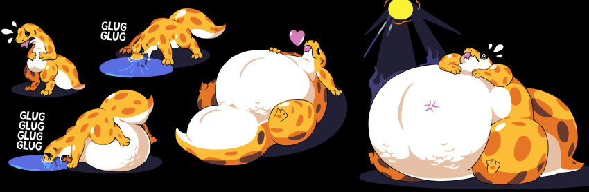 &lt;3 ambiguous_gender belly big_belly eublepharid feral gecko hi_res huge_tail huge_thighs hyper hyper_belly leopard_gecko lizard lying on_back on_front pukupukudragon reptile scalie sitting solo sound_effects sun text thick_thighs water_inflation