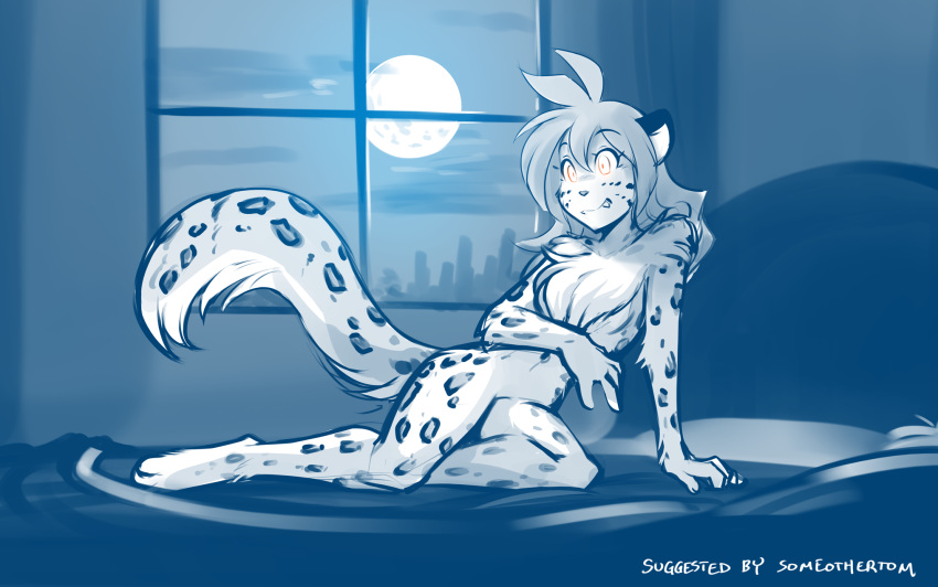 2020 after_transformation alternate_species anthro bed breasts casual_nudity chest_tuft clenched_teeth conditional_dnp confusion digitigrade featureless_crotch felid female flora_(twokinds) fluffy fluffy_tail full_moon fur furniture hair hi_res inside keidran kneeling mammal monochrome moon navel nude on_bed pantherine sketch snow_leopard solo spots spotted_body spotted_fur surprise teeth tom_fischbach transformation tuft twokinds webcomic window