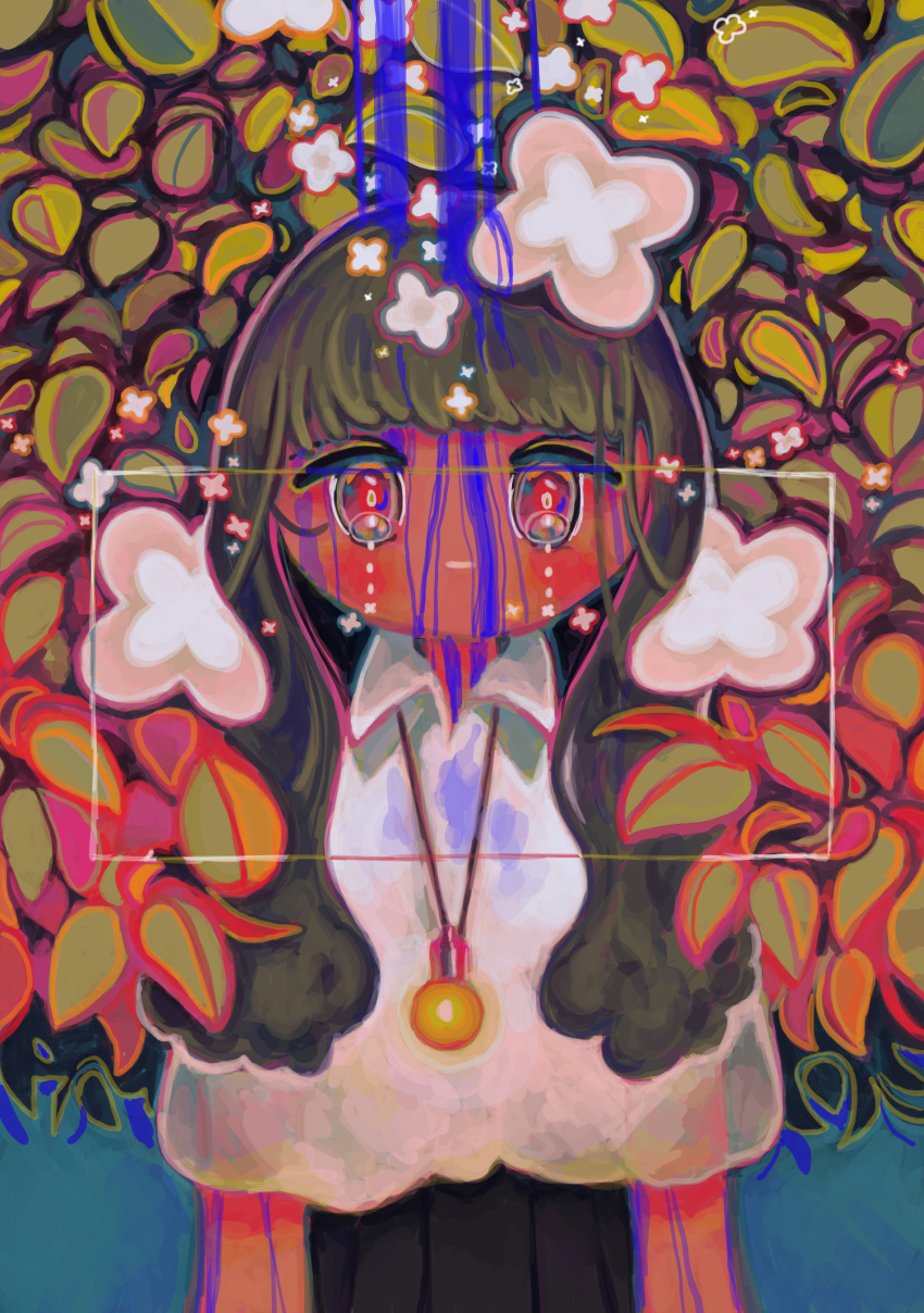 1girl abstract absurdres collared_shirt flower green_hair highres jewelry leaf liquid long_hair looking_at_viewer multicolored multicolored_eyes necklace no_nose original pink_eyes shirt sizucomaru solo tears upper_body white_flower white_shirt