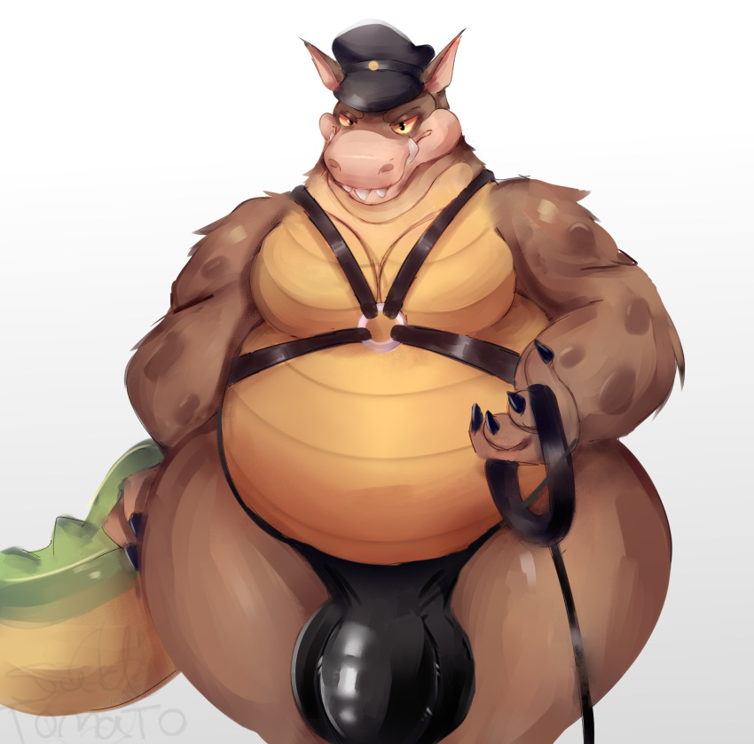 activision anthro belly bulge canid canine canis clothed clothing collar crash_bandicoot_(series) crocodile crocodilian crocodylid dingo dingodile fur hat headgear headwear hi_res hybrid leather_daddy male mammal overweight overweight_anthro overweight_male reptile sad_tomato scalie simple_background solo teeth underwear video_games