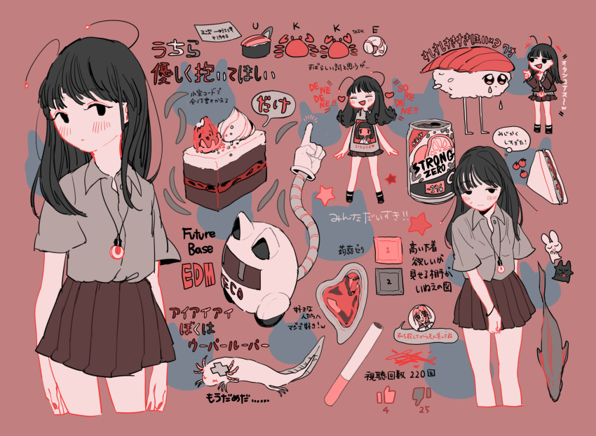 1girl absurdres antennae axolotl bangs black_eyes black_hair cake cake_slice cigarette closed_eyes collared_shirt crab cropped_legs fish food grey_shirt highres long_hair looking_at_viewer multiple_views no_nose open_mouth original sandwich shirt shirt_tucked_in short_sleeves sizucomaru smile star_(symbol) sushi