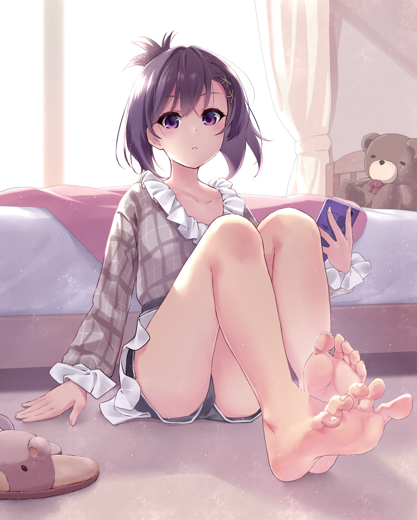 1girl absurdres bangs bare_legs barefoot bed blush curtains feet gabriel_dropout hair_between_eyes hair_ornament hairclip highres holding holding_phone knees_up light_particles long_sleeves looking_at_viewer parted_lips phone plaid plaid_shirt purple_eyes purple_hair sazanka shirt short_hair short_shorts shorts sitting slippers soles solo stuffed_animal stuffed_toy teddy_bear toenails toes tsukinose_vignette_april x_hair_ornament