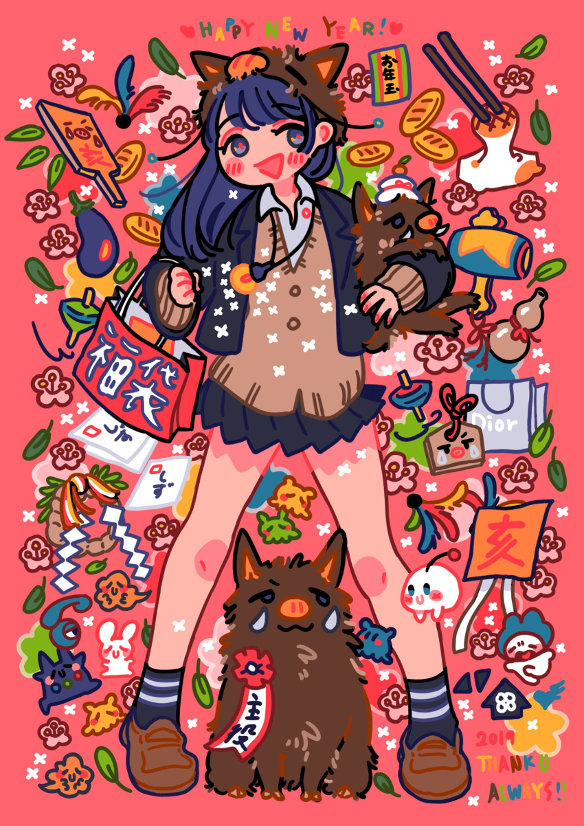1girl 2019 absurdres bag bangs black_skirt blue_hair blush boar bread brown_footwear brown_sweater chinese_zodiac collared_shirt eggplant flower food happy_new_year highres leaf long_hair new_year no_nose open_mouth original pink_flower pleated_skirt red_nails shirt shoes sizucomaru skirt smile socks solo sweater white_shirt year_of_the_pig