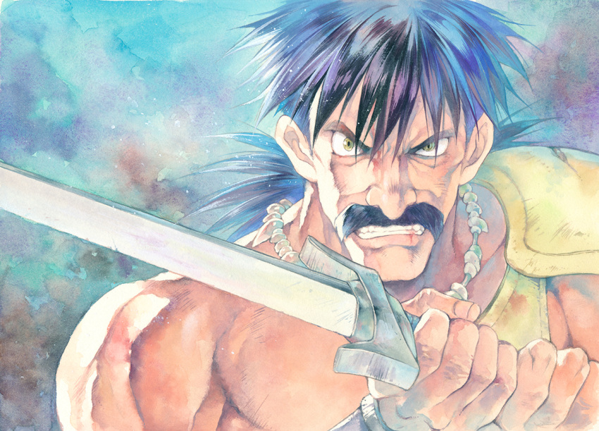 1boy agahari armor black_hair blood clenched_teeth commentary_request dragon_quest dragon_quest_v facial_hair green_eyes holding holding_sword holding_weapon jewelry long_hair looking_at_viewer male_focus muscle mustache necklace open_mouth papas shoulder_armor single_bare_shoulder solo spiked_hair sword teeth traditional_media upper_body v-shaped_eyebrows weapon