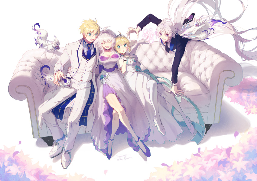 2boys 2girls :d :o arthur_pendragon_(fate) artoria_pendragon_(all) black_neckwear black_suit blue_neckwear blush breasts capelet cleavage closed_eyes collarbone commentary_request couch dress fate/grand_order fate/prototype fate/stay_night fate_(series) flower formal fou_(fate/grand_order) green_ribbon hair_between_eyes highres large_breasts long_hair merlin_(fate) merlin_(fate/prototype) multiple_boys multiple_girls necktie on_couch open_mouth partial_commentary purple_dress purple_eyes ribbon rose saber sandwiched silver_hair sitting smile suit tiara tsuyukusa_(eeta7273) white_capelet white_dress white_rose_(fate/grand_order) white_suit