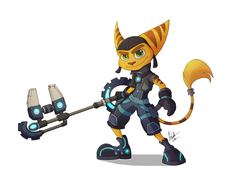 2018 alpha_channel anthro belt bluestripedrenulian border brown_body brown_fur brown_markings clothing eyebrows fur glowing green_eyes hat headgear headwear hi_res holding_object lombax looking_at_viewer male mammal markings ratchet ratchet_and_clank signature smile solo sony_corporation sony_interactive_entertainment transparent_border video_games weapon yellow_body yellow_fur