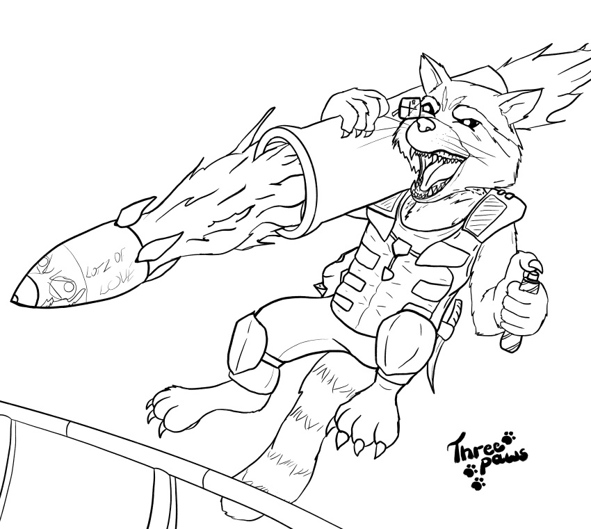 absurd_res anthro clothed clothing fire fur guardians_of_the_galaxy hi_res male mammal marvel monochrome open_mouth procyonid raccoon ranged_weapon rocket rocket_launcher rocket_raccoon simple_background solo threepaws weapon